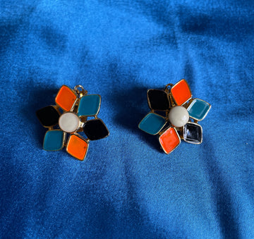 80s Vintage Avon Colorful Flower Design Enamel Clip Earrings