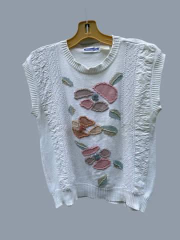 70s Vintage Mariea Kim Handmade White Knit Sleeveless Decorative Vest Top M