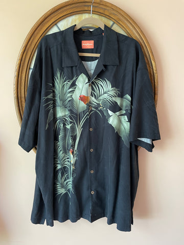 2000s Black 100% Silk Tropical Parrot Design Button Men’s Shirt Top XXL