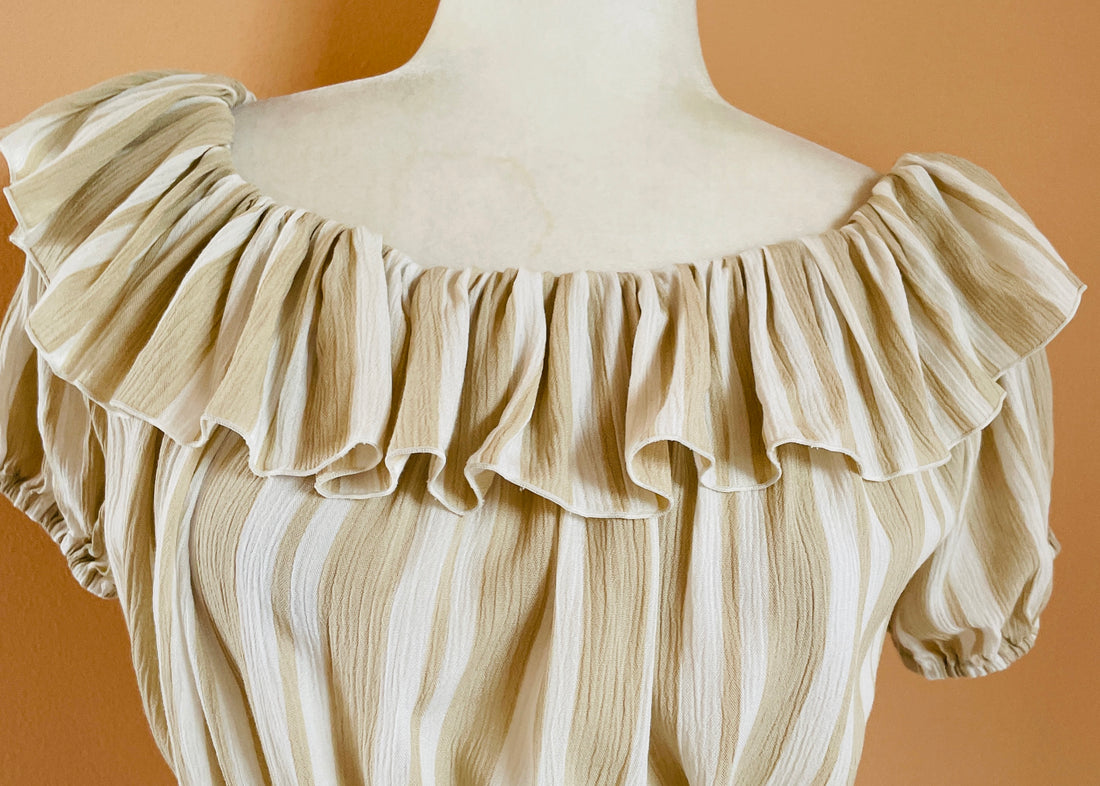 2000s Beige Rayon On Off Shoulder Ball Fringe Cropped Boho Top S/M