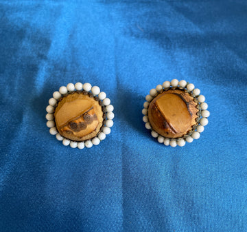 50s Vintage Signed Japan Wood Center White Beaded Accent Clip Earrings