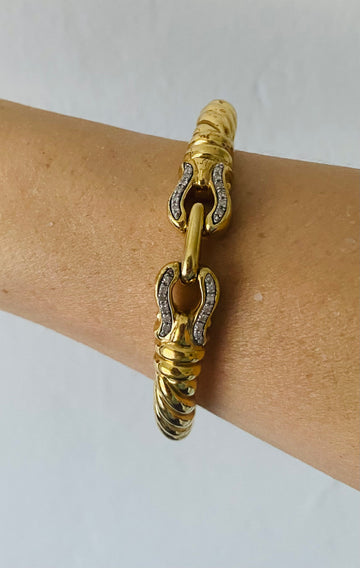 90s Vintage Gold Tone Crystals Stylish Cuff Bracelet