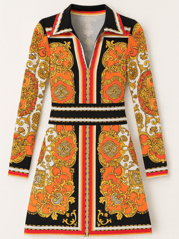 2000s Colorful Striking Print Poly Collar V Neck Pullover Short Dress S/M