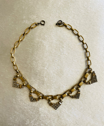 90s Brass Tone Crystal Accents Heart Choker Necklace