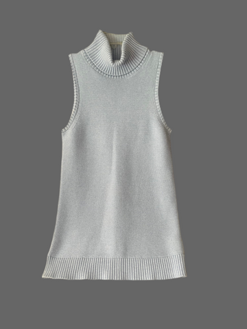 Light Blue Knitted Cotton Ribbed Turtleneck Deep Armhole Long Top S