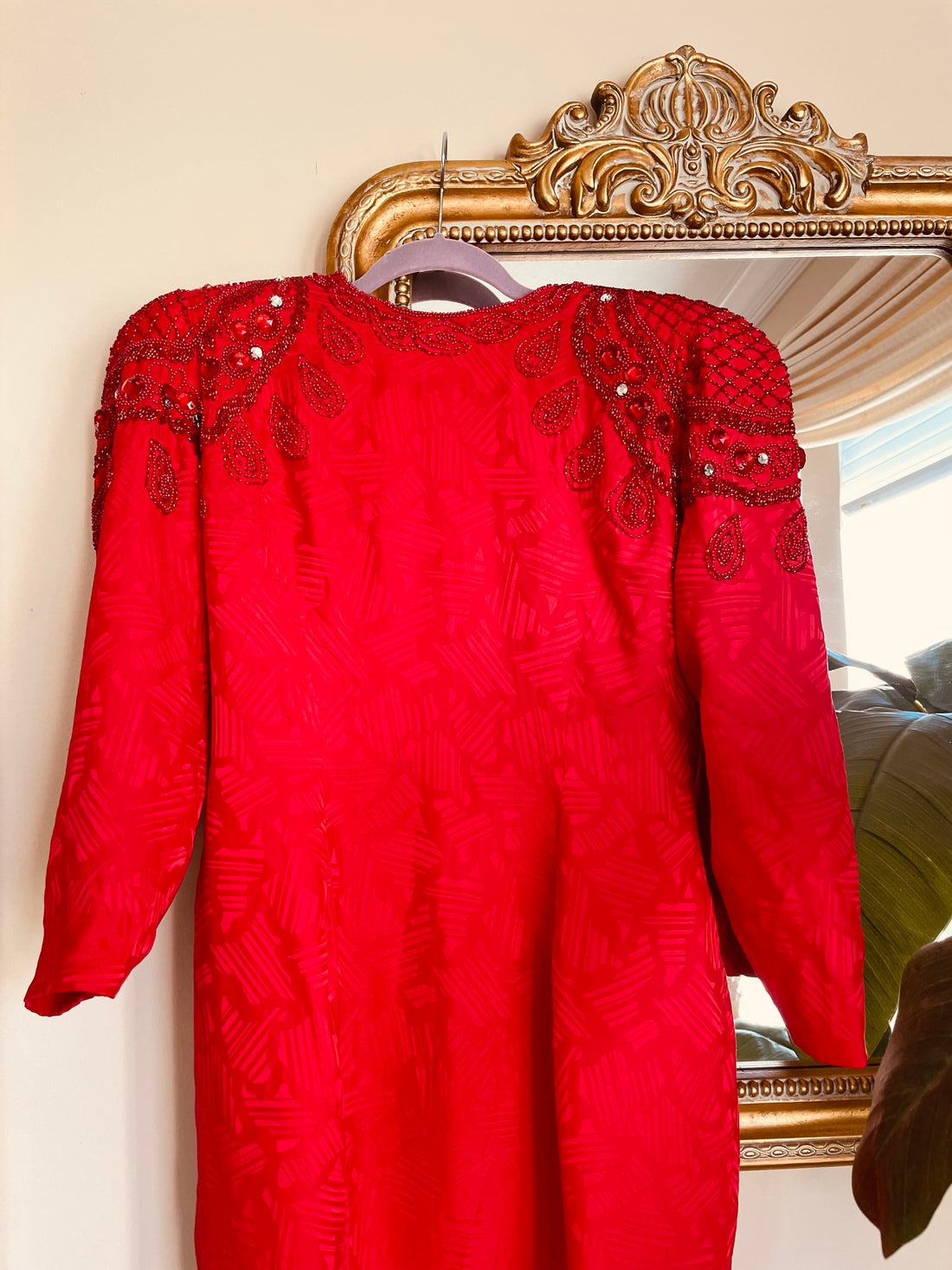 Vintage 80s Red Sparkly Hand Beaded Glam Dress M