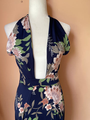 90s Vintage Navy Poly Floral Print 2 High Slits Ocean Pool Side Lounge Maxi Dress S