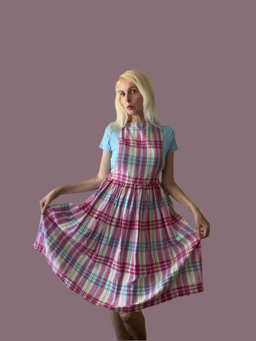 80s Vintage Plaid Pockets Button Strap Pinafore Dress S