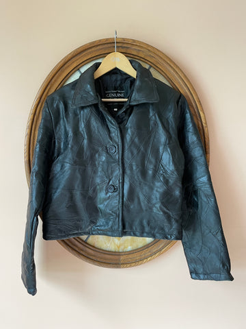 90s Navarre Co. Italian Stone Stylish Black Spliced Crop Leather Jacket M/L