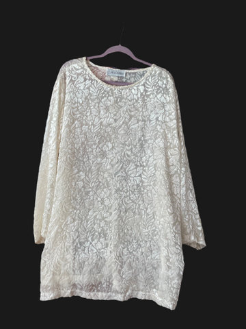 Velvety Floral Design Sheer White Roomy Top Plus Size