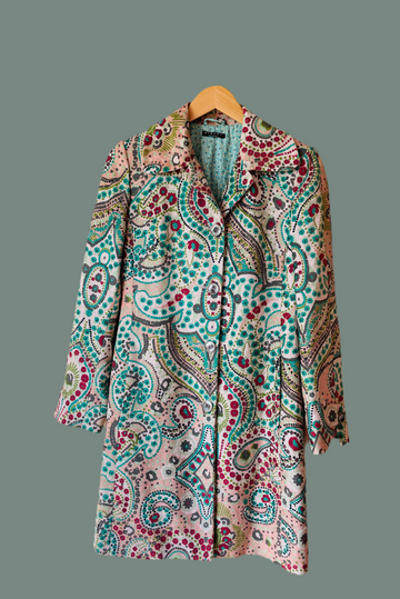 2000s Sisley Cotton Viscose Floral Arty Print Lined Pockets Button Front Coat S