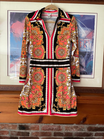 2000s Colorful Striking Print Poly Collar V Neck Pullover Short Dress S/M