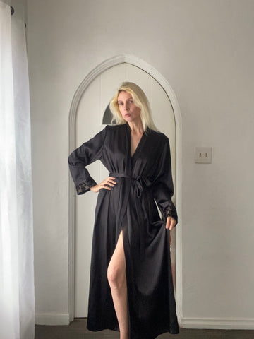 Vintage 90s Black Poly Matching Belt Decorative Cuff Wrap Maxi Robe L/XL