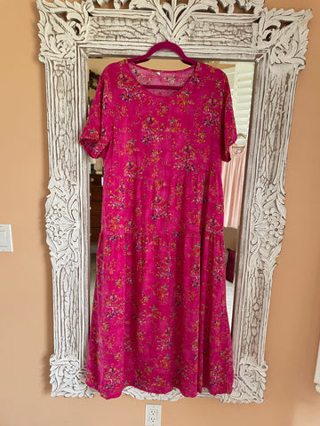 2000s Floral Print Cotton Rayon Loose Fit Tiered Casual Out & About or House Dress L