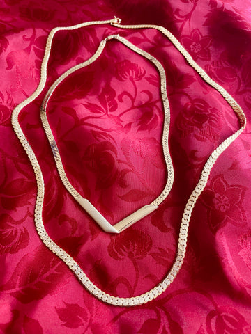 2000s Gold Tone Herringbone Chain Necklaces Bundle of 2
