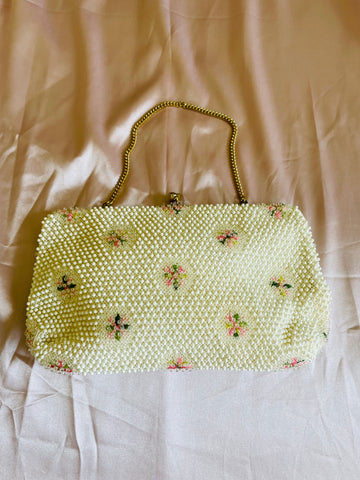 50s Vintage White Beaded Pink Floral Purse Handbag