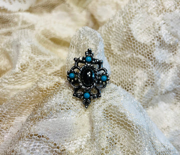 80s Silver Plated Decorative Blue Stone Hematite Ring