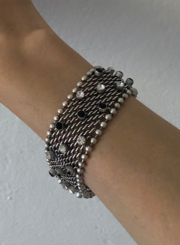 90s Vintage Silver Tone Mesh Glittery Black Rhinestone Bracelet