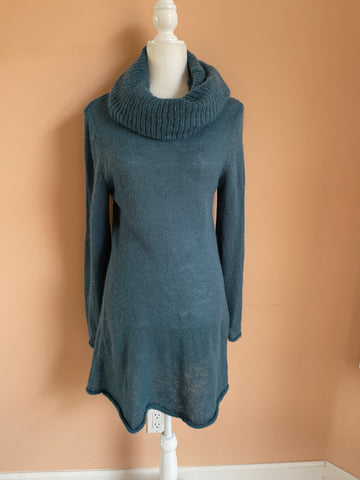 2000s Promod Blue Wool Cowl Collar Cozy In Sweater Dress M