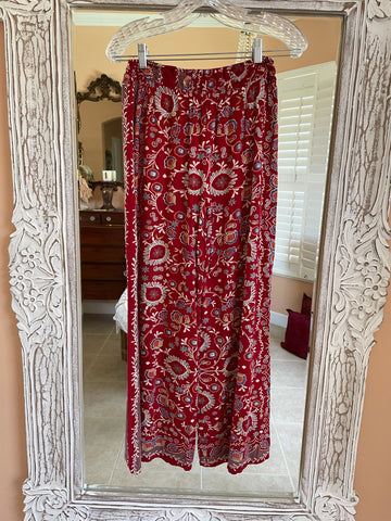 90s Vintage Rayon Print Tie Elastic Waist Loose Comfy Leg Casual Lounge Boho Pants S/M