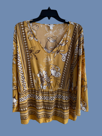 90s Boho Golden Floral Print Beach Pullover Top M