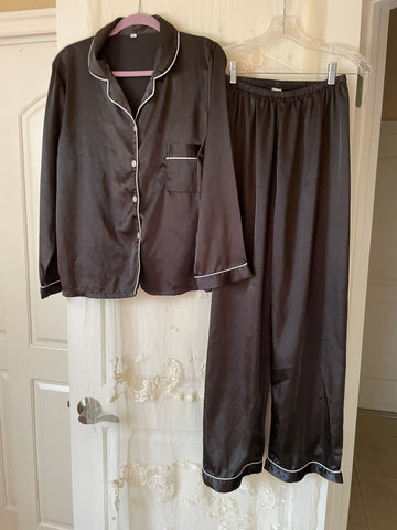 90s Vintage Black Silky Poly 2 Piece Lounge Lingerie Pajama Set M/L