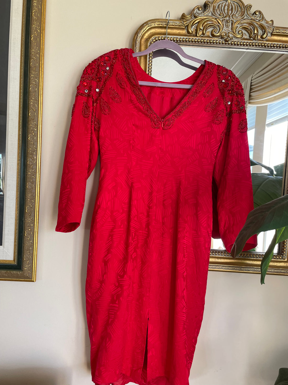 Vintage 80s Red Sparkly Hand Beaded Glam Dress M