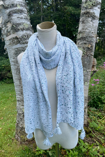 2000s Oversize Blue Teal Cotton Blend Tassels Knit Wrap Cape Scarf