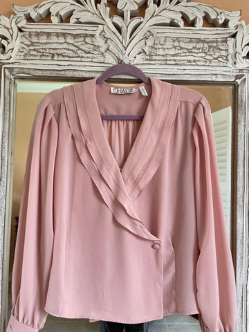 90s Vintage Pink Poly Wrap Style Button Loop Closure Button Cuff Blouse Top M
