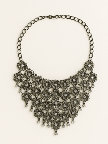 70s Vintage Lacy Flower Rhinestone Chainmail Necklace