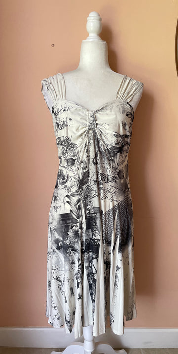 90s Vintage Poly Stretch Abstract Print Paris Eiffel Tower Floral Novelty Dress. S/M