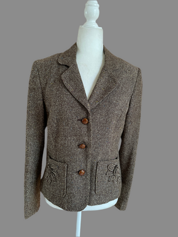 90s Vintage Fall-Winter Brown Tweedy Flower Pocket Wood Buttons Tailored Jacket M