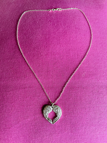 2000s Silver Plated Angel Wing Heart Pendant Necklace