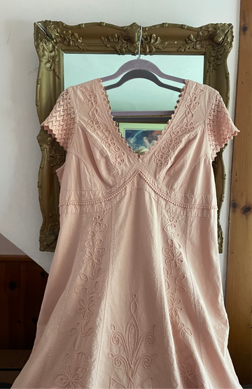 Decorative Pink Floral Lace V Neck Cotton Dress Lg