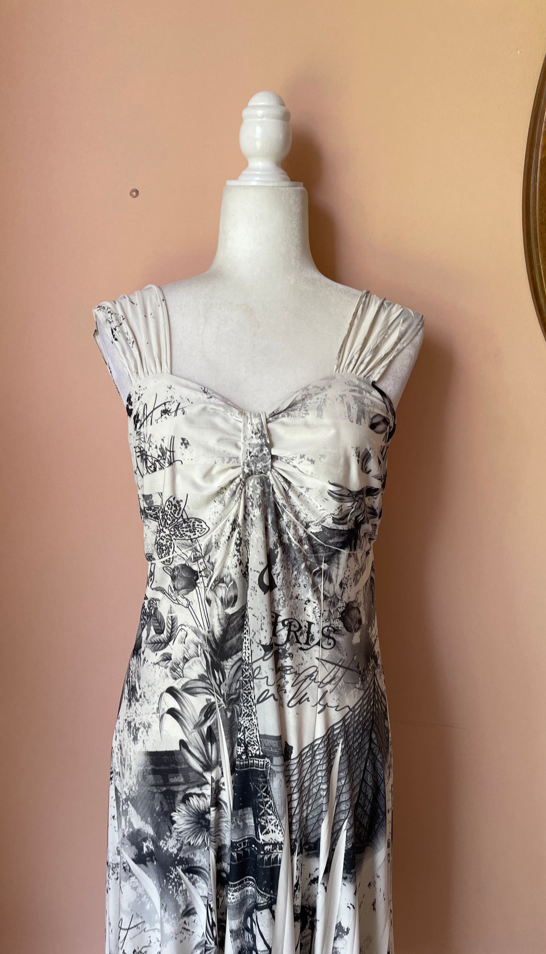 A Day in Paris 90s Vintage Poly Stretch Abstract  Eiffel Tower Floral Novelty Dress. S/M