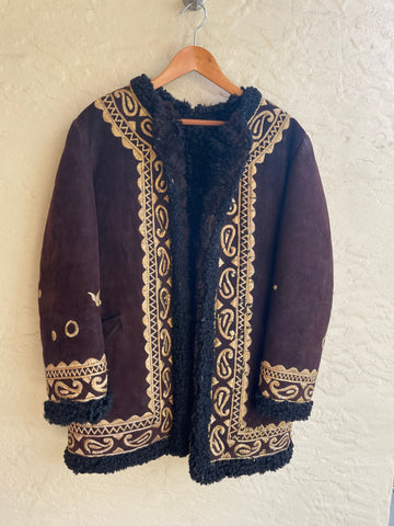 70s Vintage Genuine Brown Swede Leather Sheep Wool Coat. Lg
