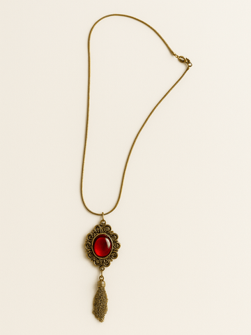 80s Vintage Red Glass Tassel Pendant Necklace.