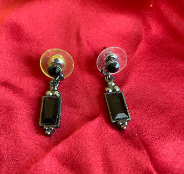 2000s Silver Tone Black Stone Art Deco Style Tiny Drop Earrings