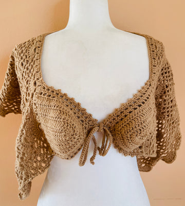 90s Acrylic Wool Blend Brown Hand Crochet Tie Front Cropped See Through Unique Cape Style Top M