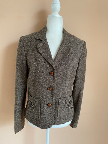 90s Vintage Brown Tweedy Flower Pocket Wood Button Jacket M