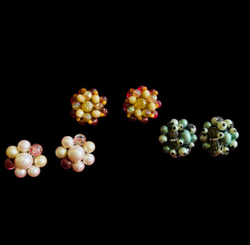 3 Vintage 40s Handmade Cluster Beaded Clip Earrings