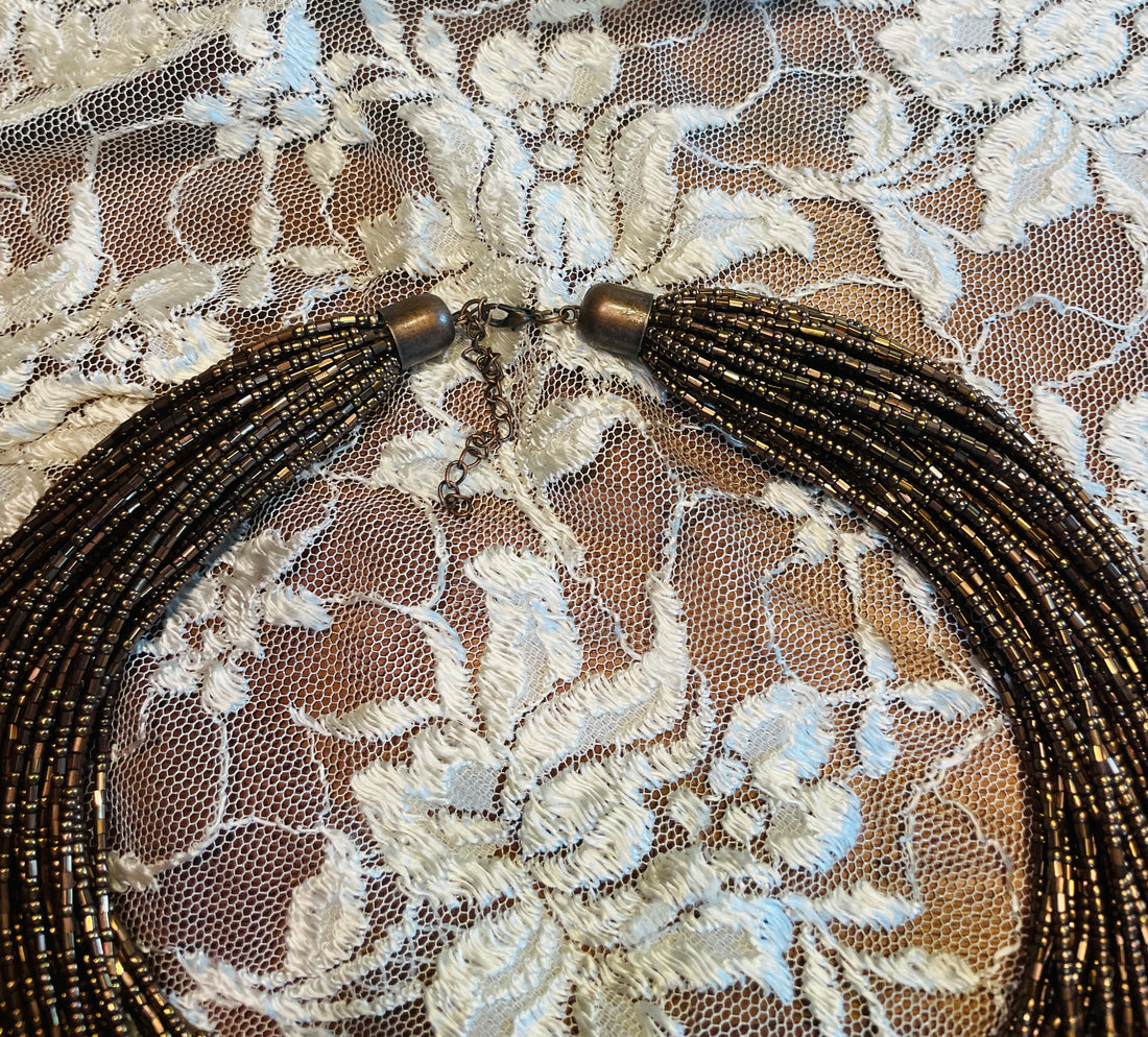 90s Vintage Handcrafted Multiple Strands of Tiny Seed Beads Bronze Tone Bohemian Choker Necklace