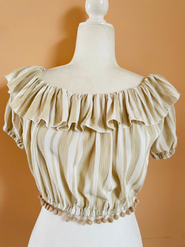 2000s Beige Rayon On Off Shoulder Ball Fringe Cropped Boho Top S/M