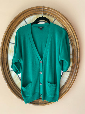 80s Vintage Green Cotton Blend Button Front Short Sleeve Cardigan Sweater Top M