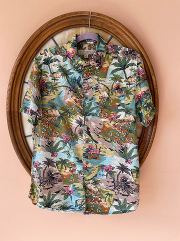 90s Vintage Cotton Tropical Island Print Button Front Pocket Men’s Shirt M
