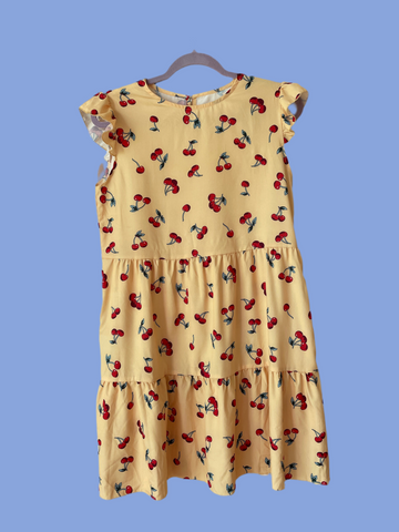 2000s Red Cherry Print Yellow Mini Dress S