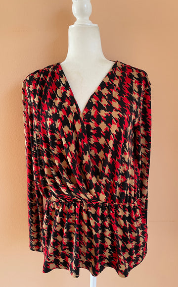 90s Vintage Anne Klein Black Poly Abstract Print Elastic Mid Pullover Top. L