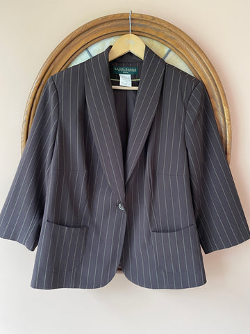 80s Vintage Harve Benard Brown Stripe Poly Rayon Lined Shoulder Padding Tailored Style Jacket X/L