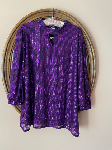 2000s Purple Sequined Mock Turtleneck Lined Pullover Party Disco Top Lg/XL