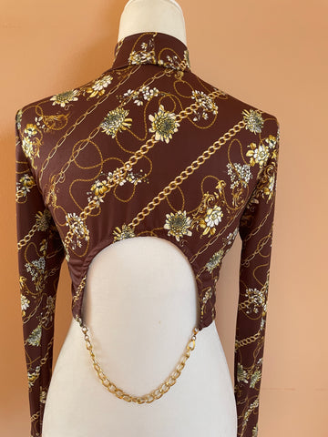 2000s Brown Poly Chain Print Open Back Draped Chain Long Sleeve Cropped Top. S